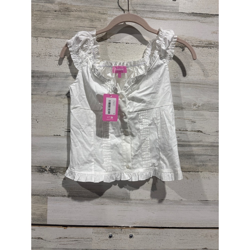 Edikted Ruffle Button Up Top Womens Small White Pintuck Coquette NWT